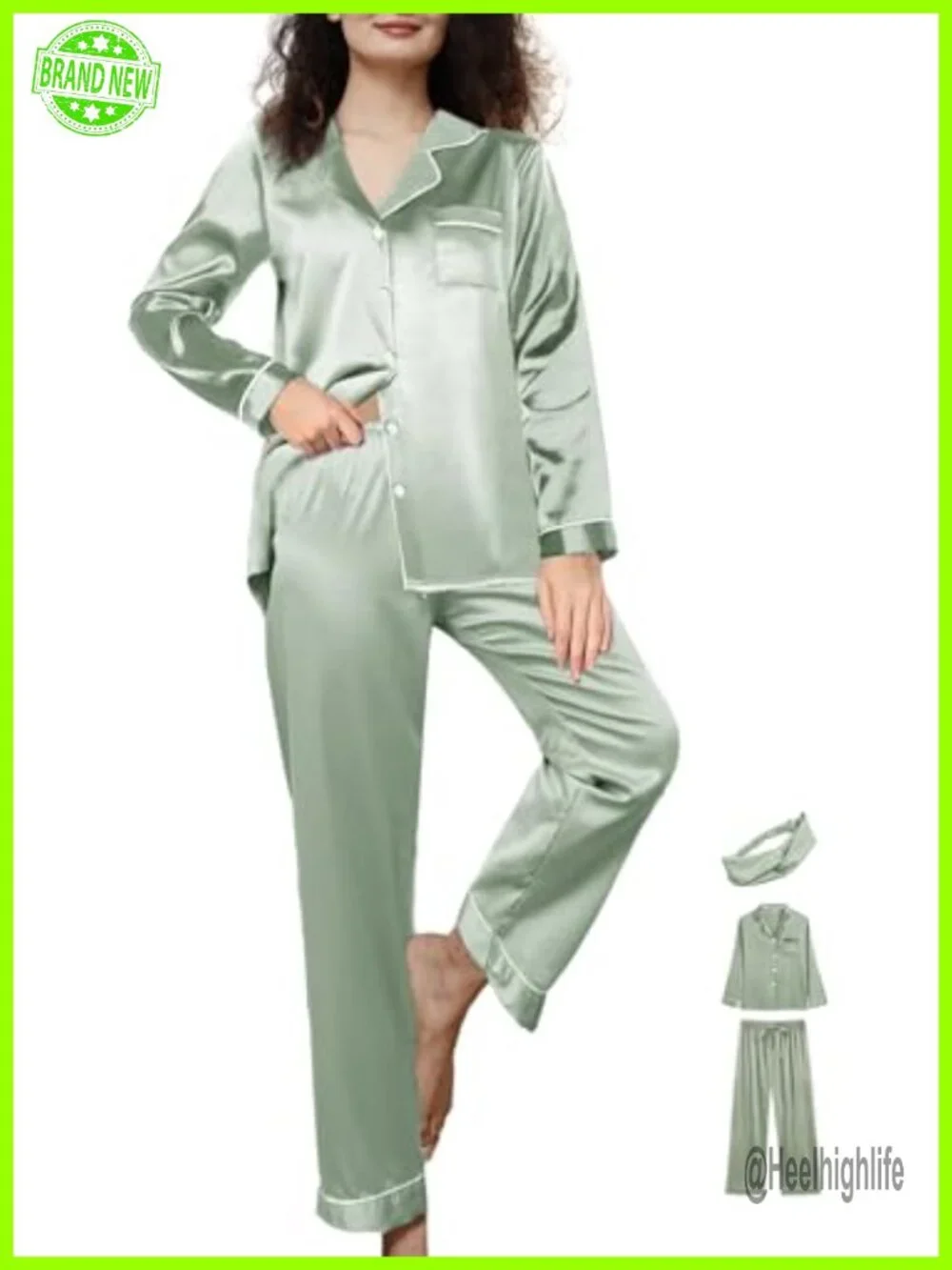3pc Satin Pajama Set Long Sleeve Button Down Sleepwear Loungewear Womens